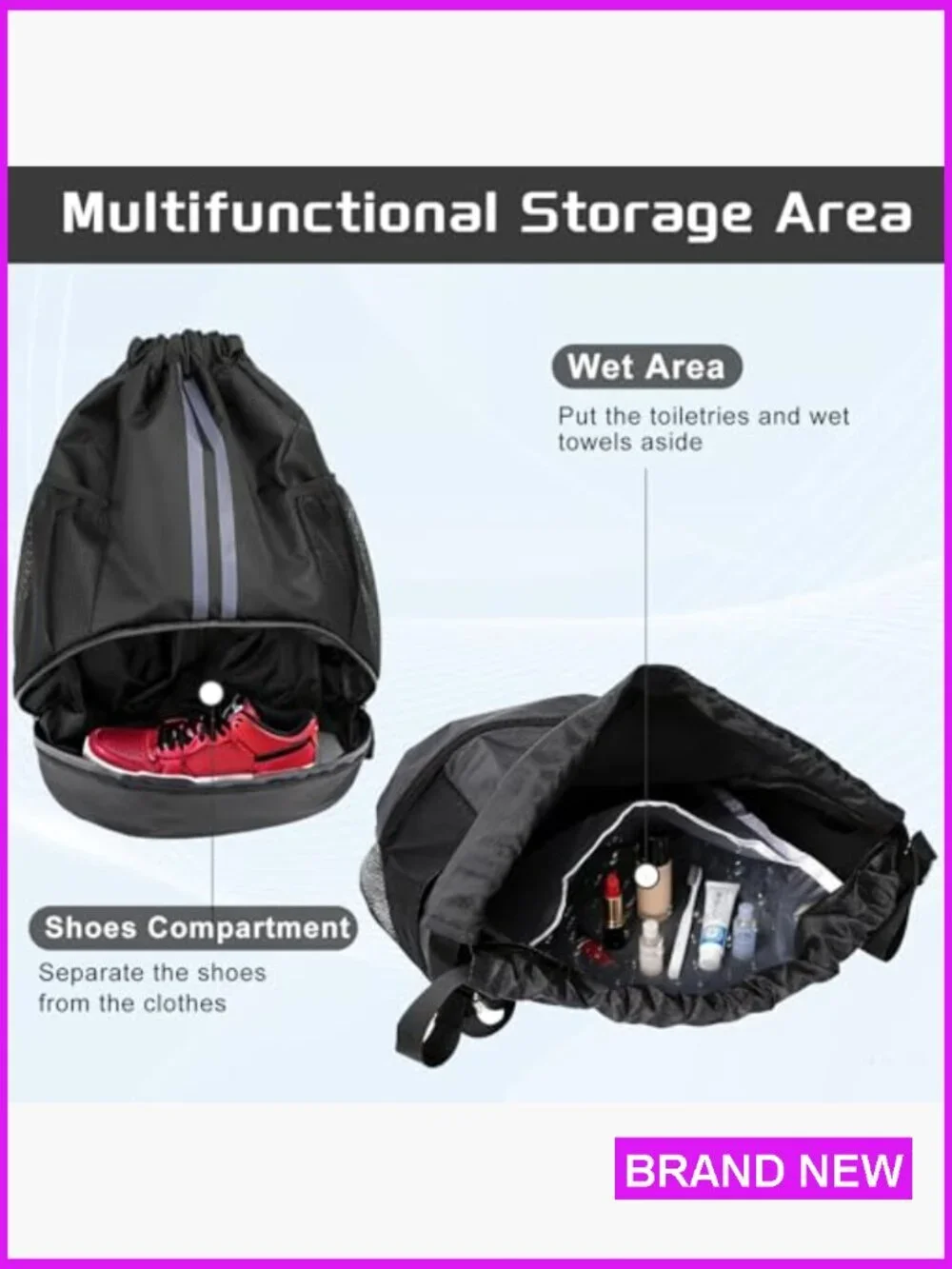 Drawstring Backpack with Shoe Compartment Water Resistant Gym Bag Sports String